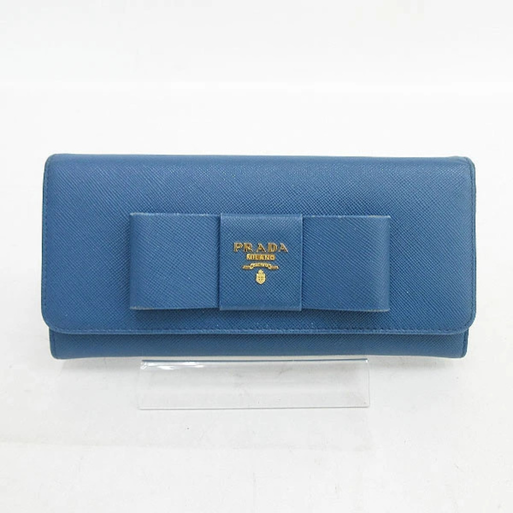 PRADA Ribbon Long Wallet Pass Case Blue Saffiano Leather